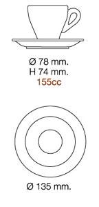 Maßzeichnung: Ø 78 mm, Höhe 74 mm, 155 ml, Untertasse Ø 135 mm