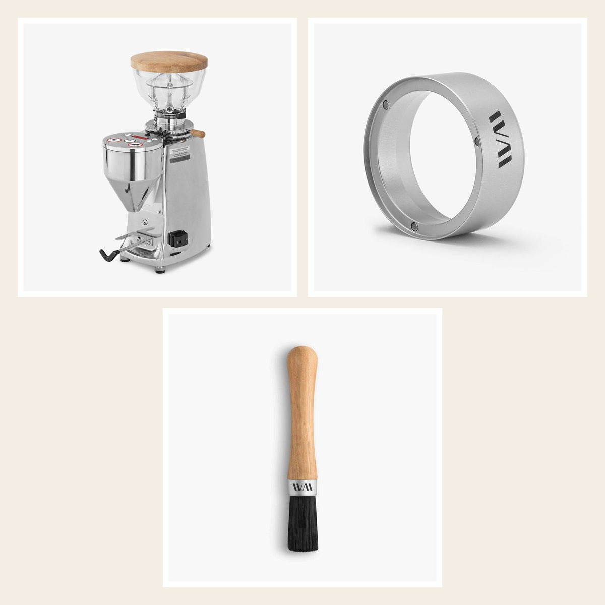 Wiedemann Mühlenset für Mazzer Mini A und Super Jolly: Mühlendeckel, Trichter und Pinsel, Eiche
