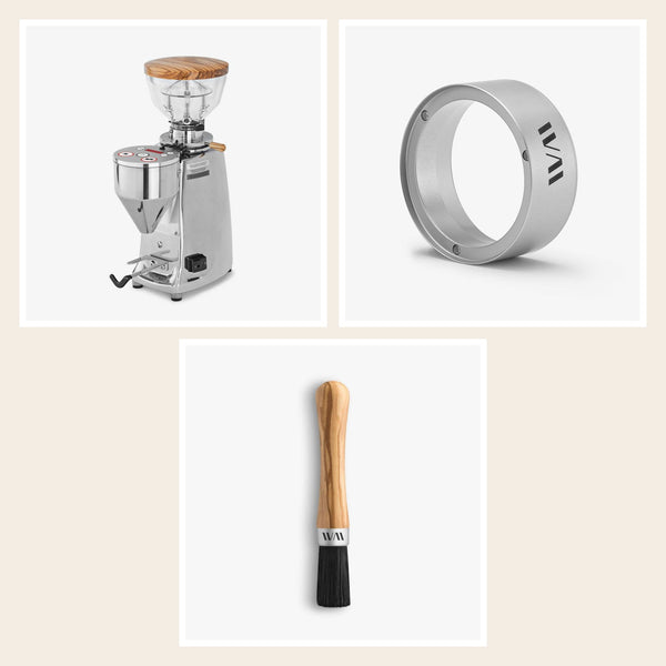 Wiedemann grinder set for Mazzer Mini A and Super Jolly: hopper lid, hopper and brush