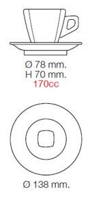 Maßzeichnung: Espresso Ø 62 mm / Cappuccino Ø 78 mm, 68 ml und 170 ml, Untertasse Ø 112 mm und Ø 138 mm