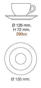Maßzeichnung: Höhe 72 mm, 290 ml, Untertasse Ø 135 mm