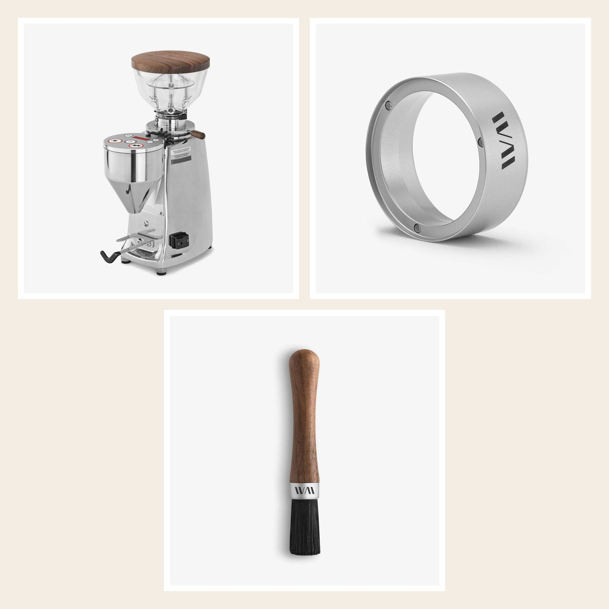 Wiedemann Mühlenset für Mazzer Mini A und Super Jolly: Mühlendeckel, Trichter und Pinsel, Nussbaum