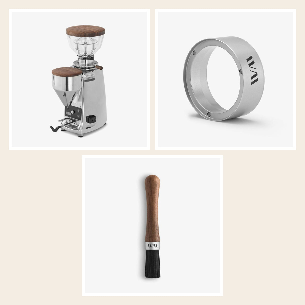 Wiedemann Mühlenset für Mazzer Mini B: Mühlendeckel, Trichter und Pinsel, Nussbaum